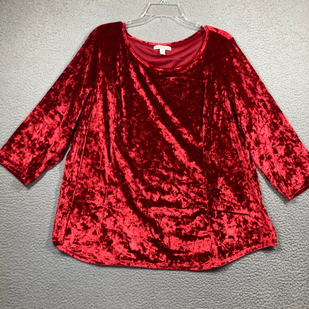 Westport 1962 Crushed Velvet Top Women 2X Red 3/4 Sleeve Scoop Neck Tunic